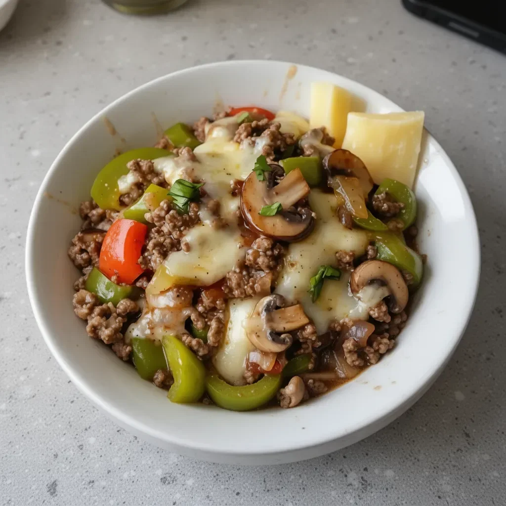 Delicious Ground Beef Philly Cheesesteak Bowl garnished with peppers and cheese