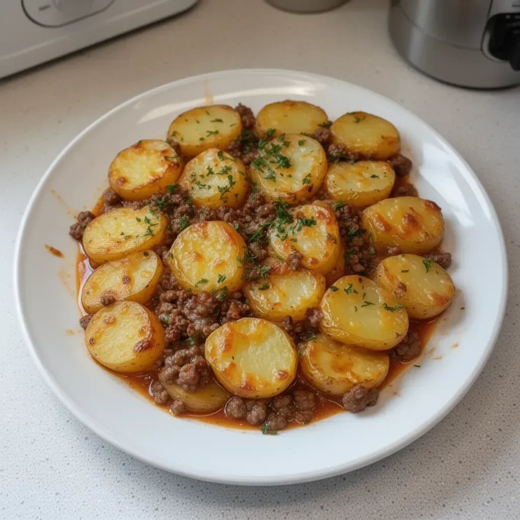 Delicious Hamburger Potato Casserole garnished with herbs in a baking dish