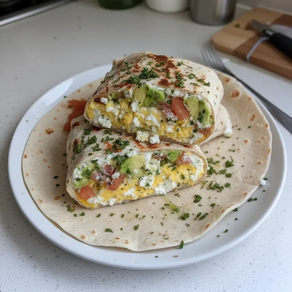 High-protein breakfast wrap filled with cottage cheese and avocado