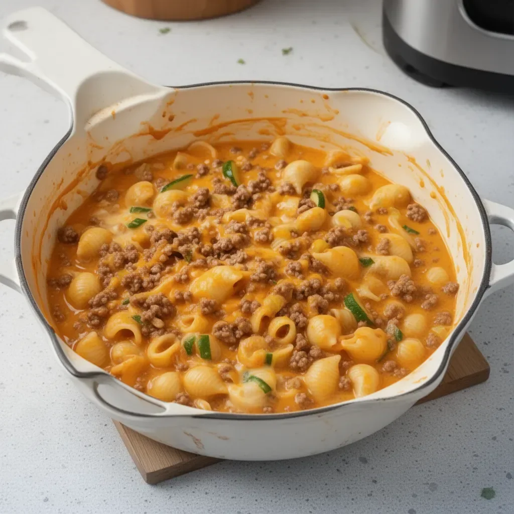 High protein hamburger helper dish served in a bowl with fresh herbs.