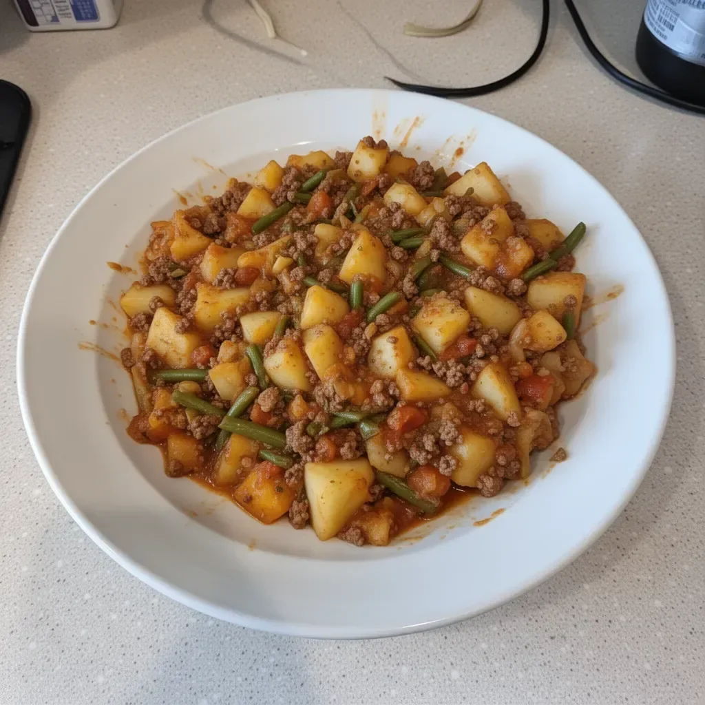 Delicious Hobo Casserole served in a rustic dish, showcasing layers of meat and vegetables.