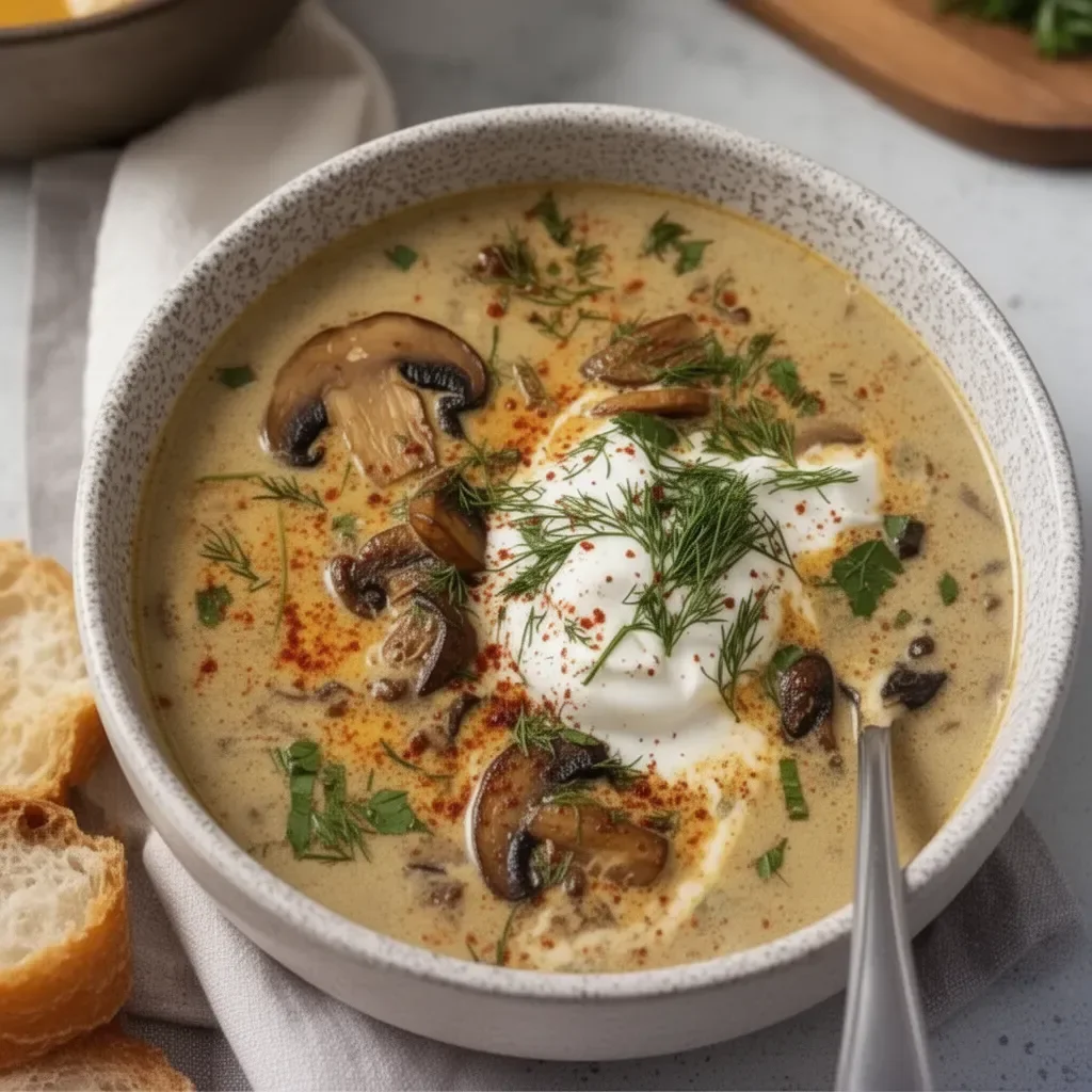 Bowl of Hungarian Mushroom Soup with fresh herbs and mushrooms