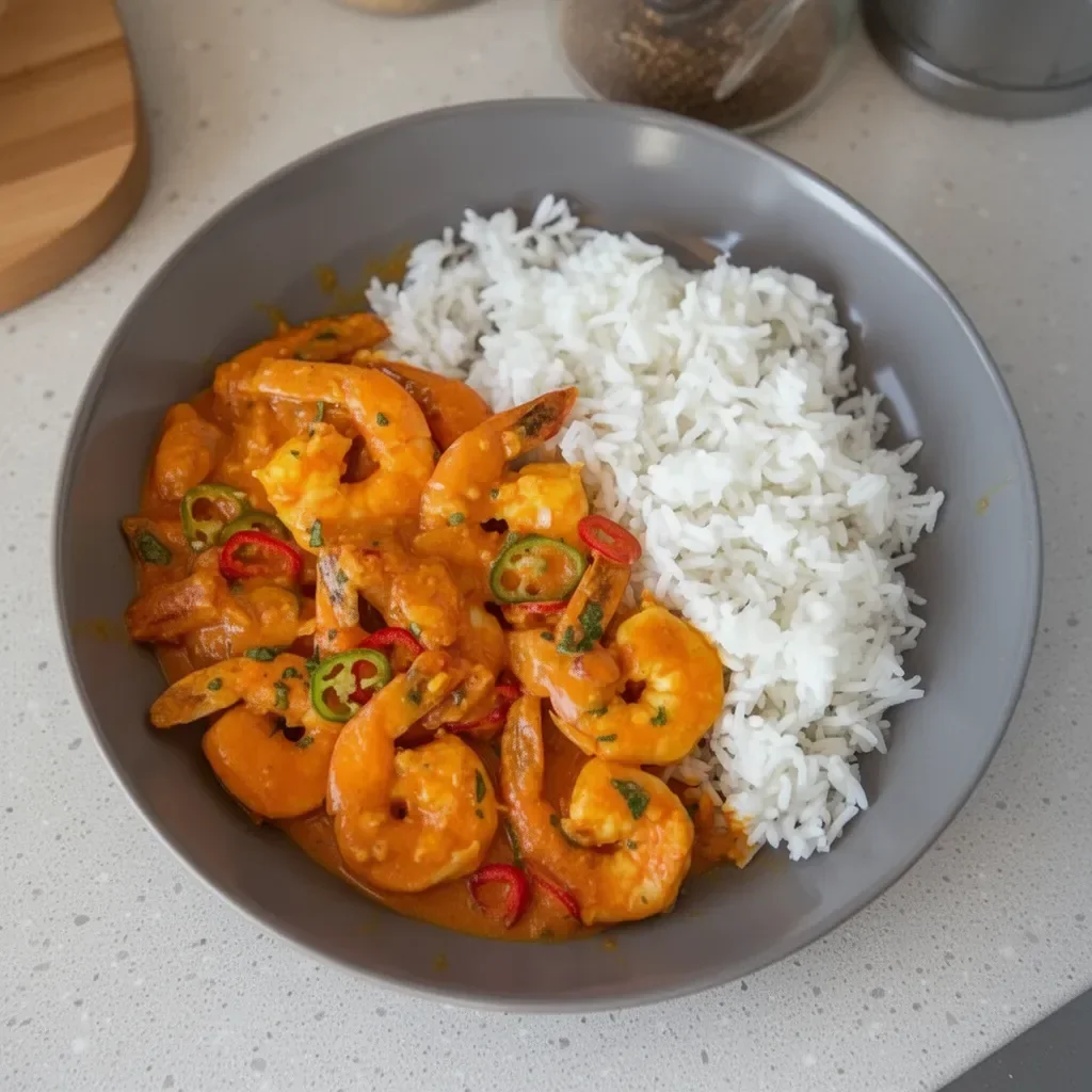 Bowl of Indian shrimp curry with spices and herbs