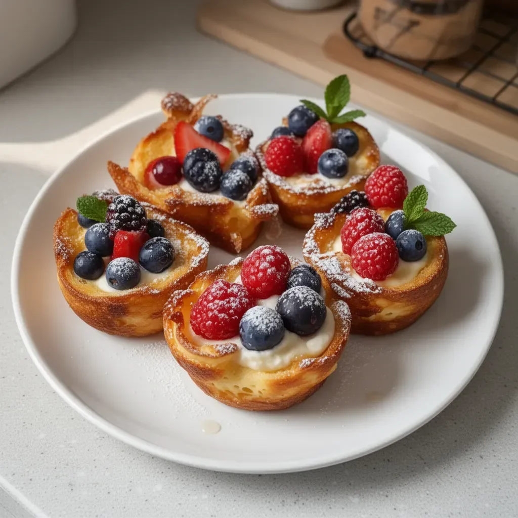 Delicious French toast cups served on a plate, perfect for breakfast.