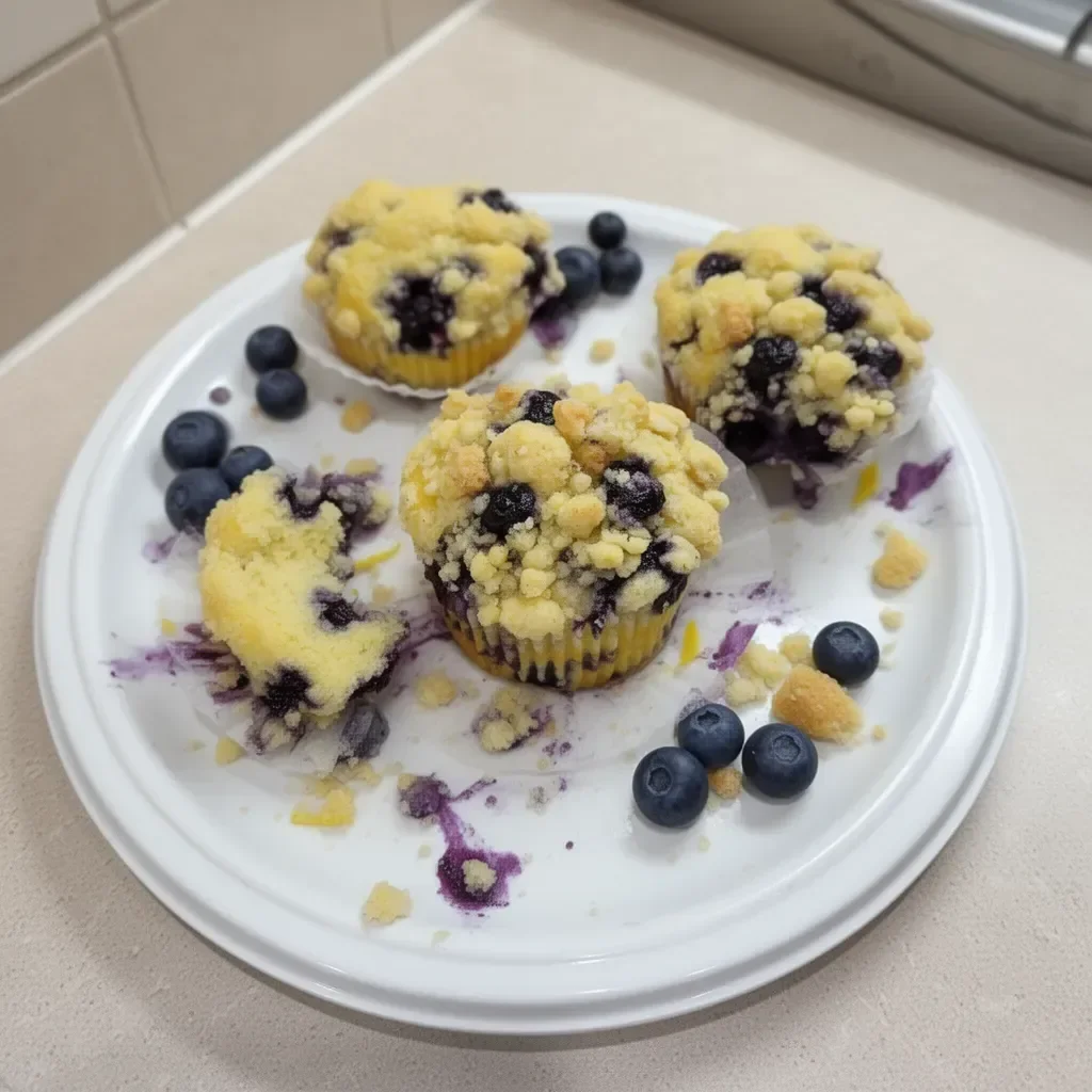 Delicious lemon blueberry muffins fresh out of the oven, topped with a light glaze.