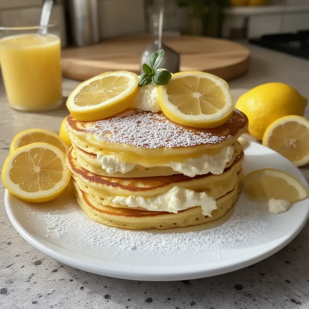 Delicious Lemon Ricotta Pancakes stacked on a plate with fresh lemon slices.