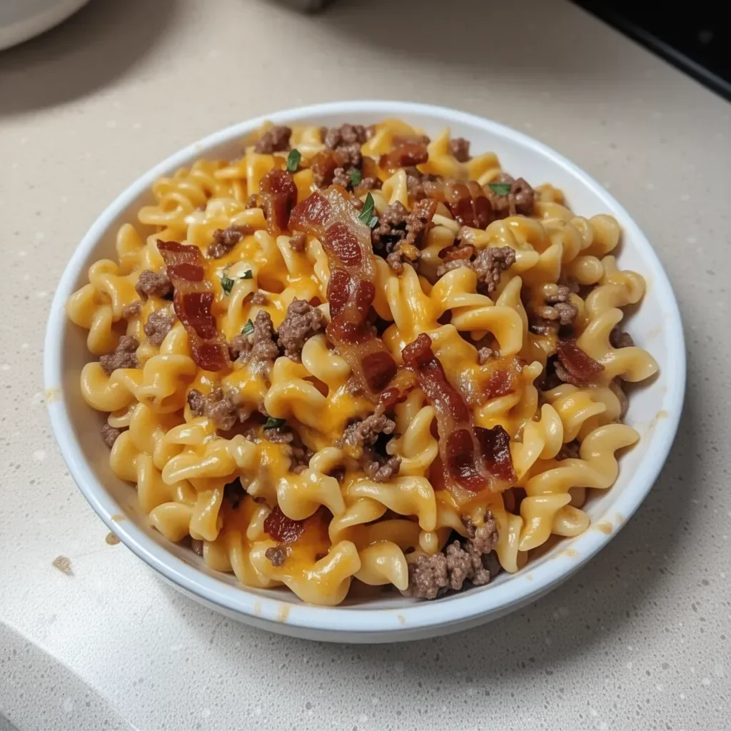 Delicious Loaded Bacon Cheeseburger Pasta served in a bowl with toppings