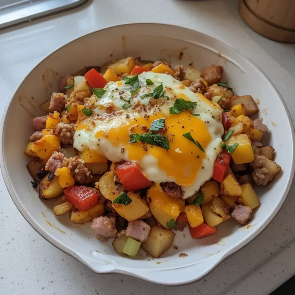 Delicious loaded breakfast hash with potatoes, eggs, and veggies