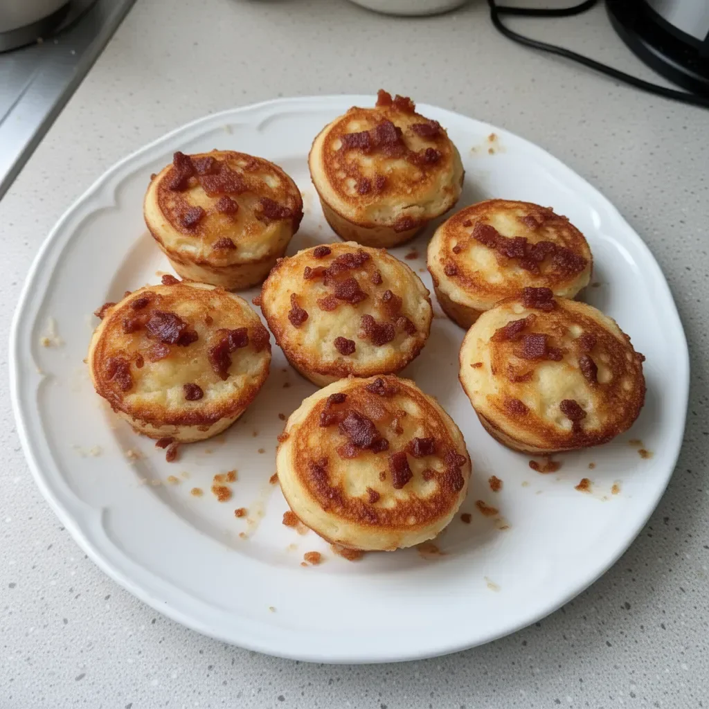 Maple Bacon Pancake Muffins topped with crispy bacon and syrup