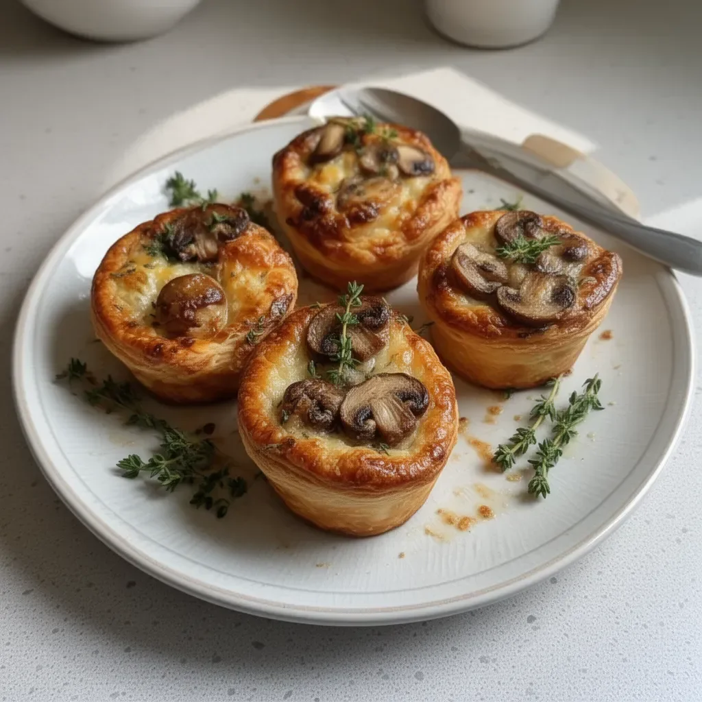 Mini mushroom and Gruyère pot pies baked with fresh thyme.