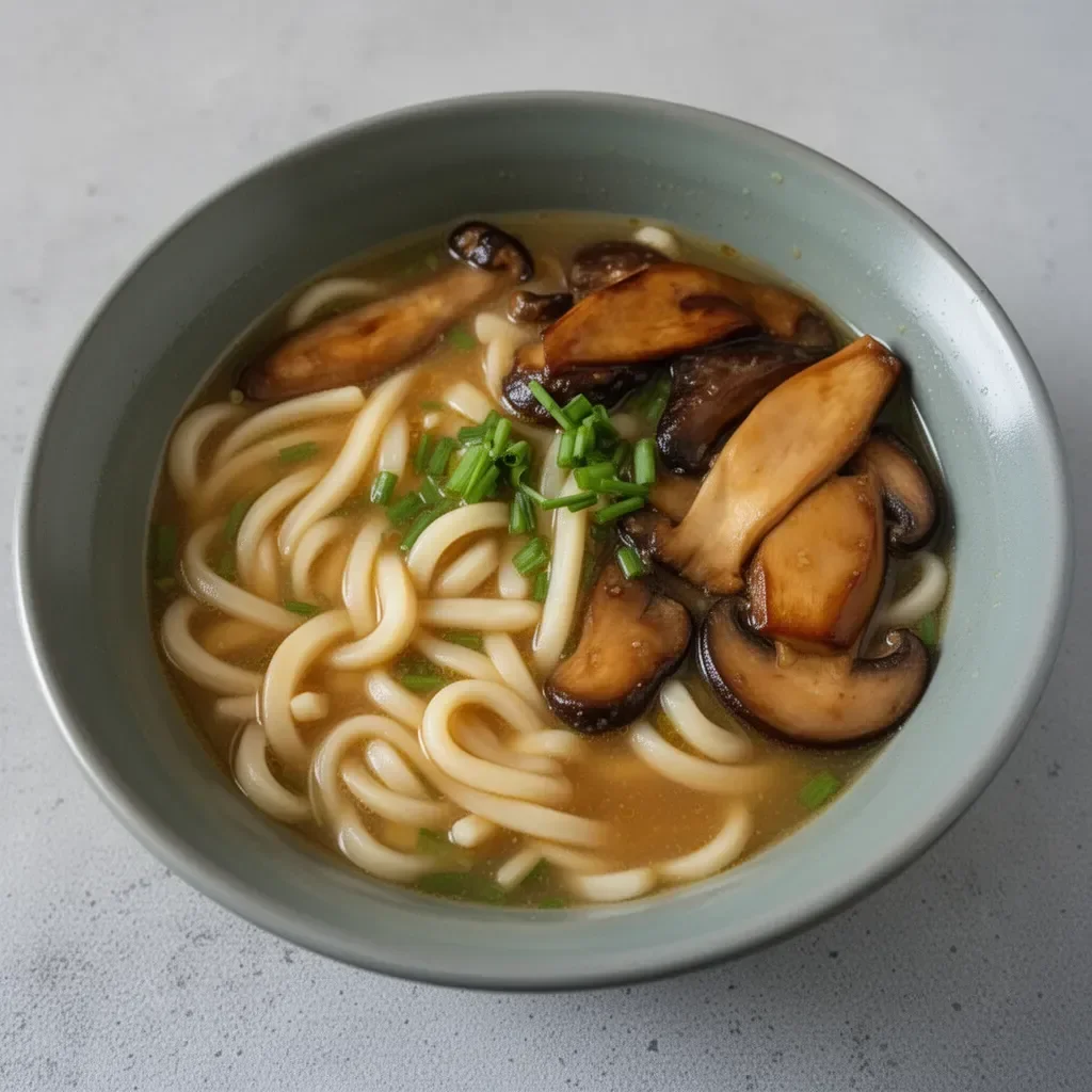 Miso udon noodle soup with teriyaki mushrooms served in a bowl.