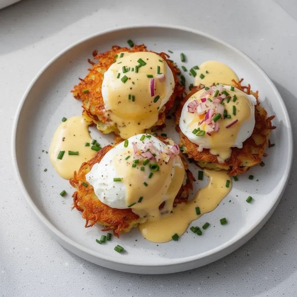 Delicious Latke Eggs Benedict served with poached eggs and hollandaise sauce
