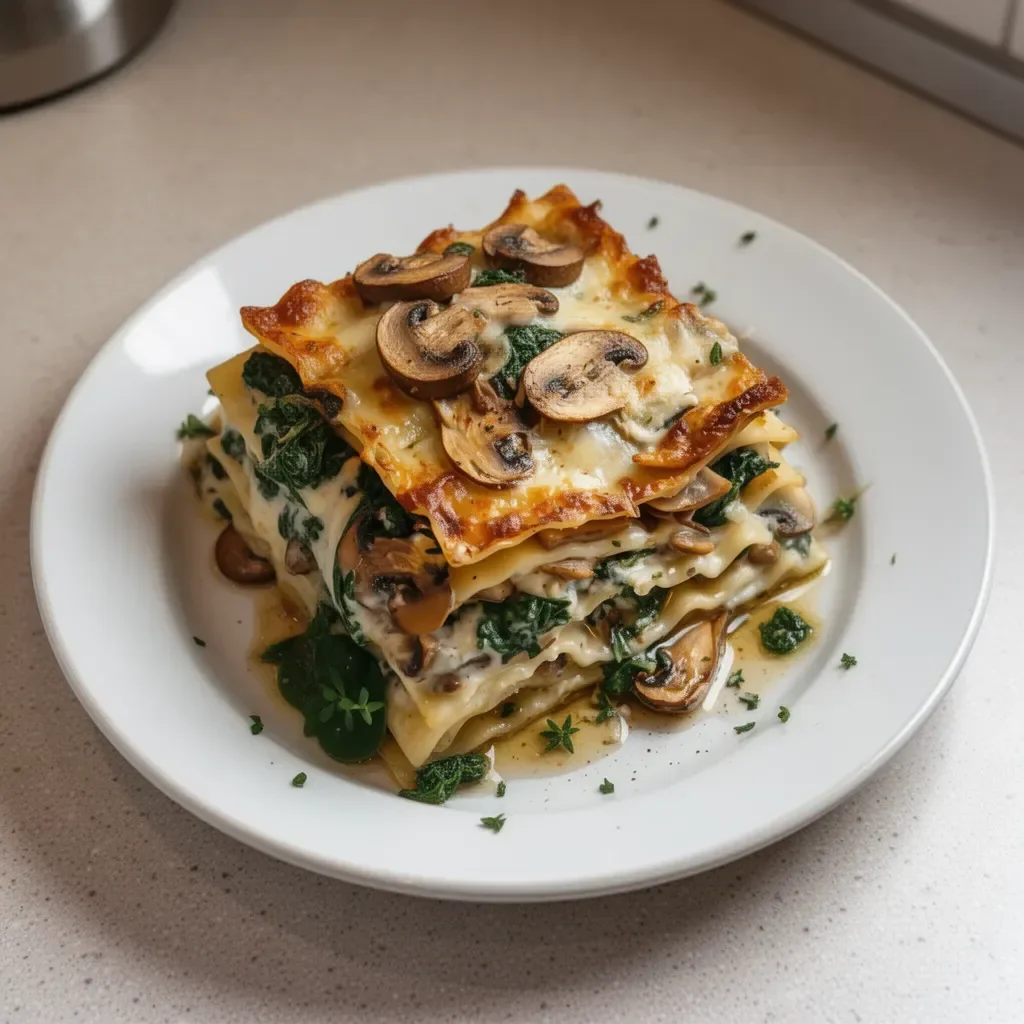 Mushroom spinach lasagna served in a dish, highlighting layers of pasta, mushrooms, and spinach.