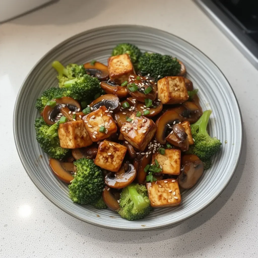 Mushroom and Tofu Stir-Fry garnished with fresh vegetables.