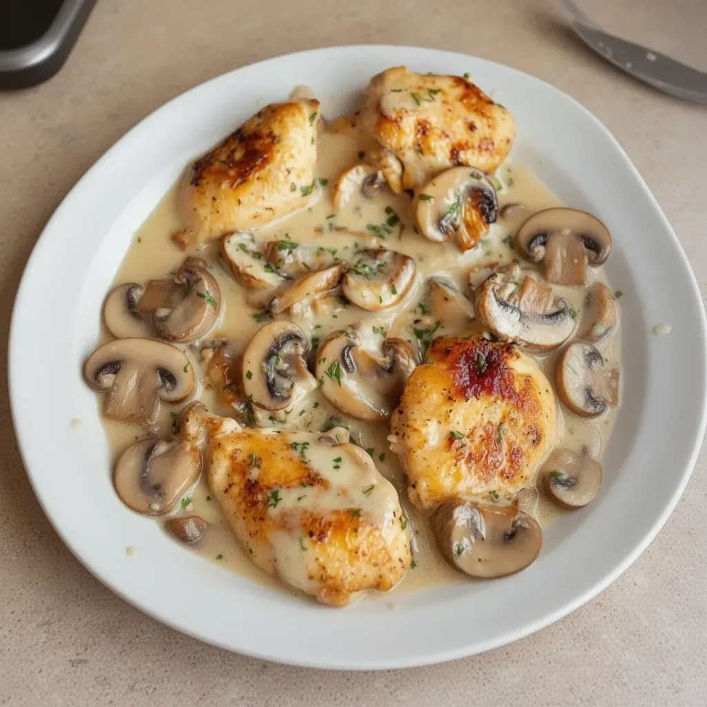 Mushroom Asiago Chicken dish with creamy sauce and mushrooms