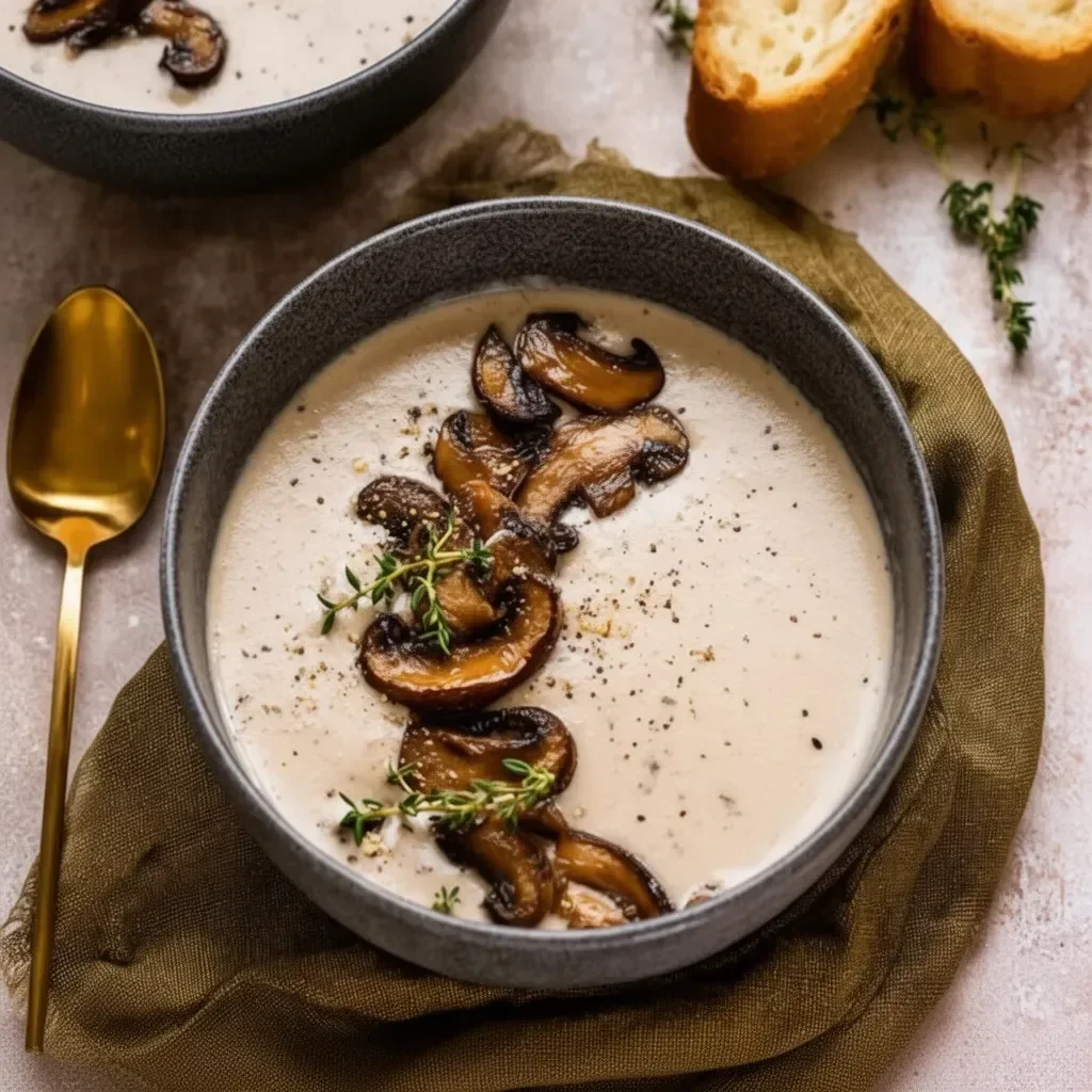 Creamy Mushroom Bisque soup in a bowl, garnished with fresh herbs.