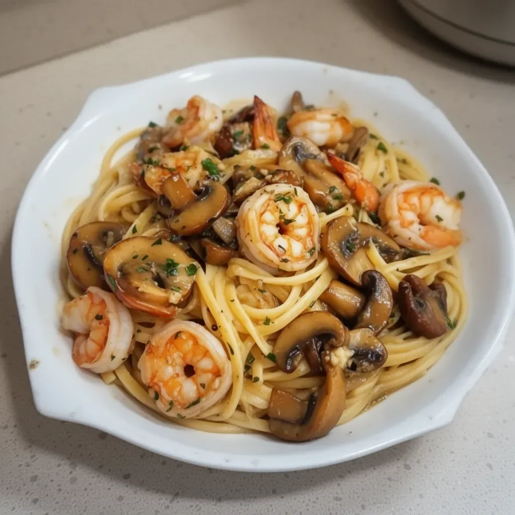 Dish of Mushroom Garlic Shrimp Pasta featuring shrimp, mushrooms, and garlic sauce.
