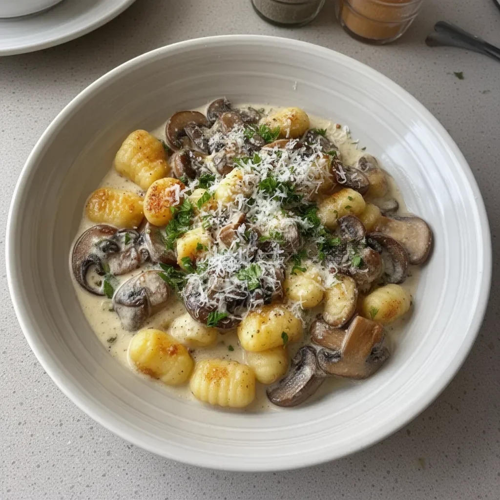 Mushroom gnocchi with Parmesan cream sauce served in a bowl