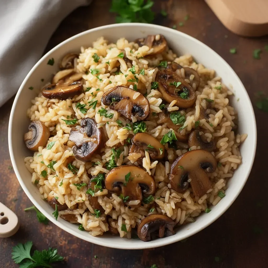 Delicious Mushroom Rice garnished with fresh herbs in a bowl