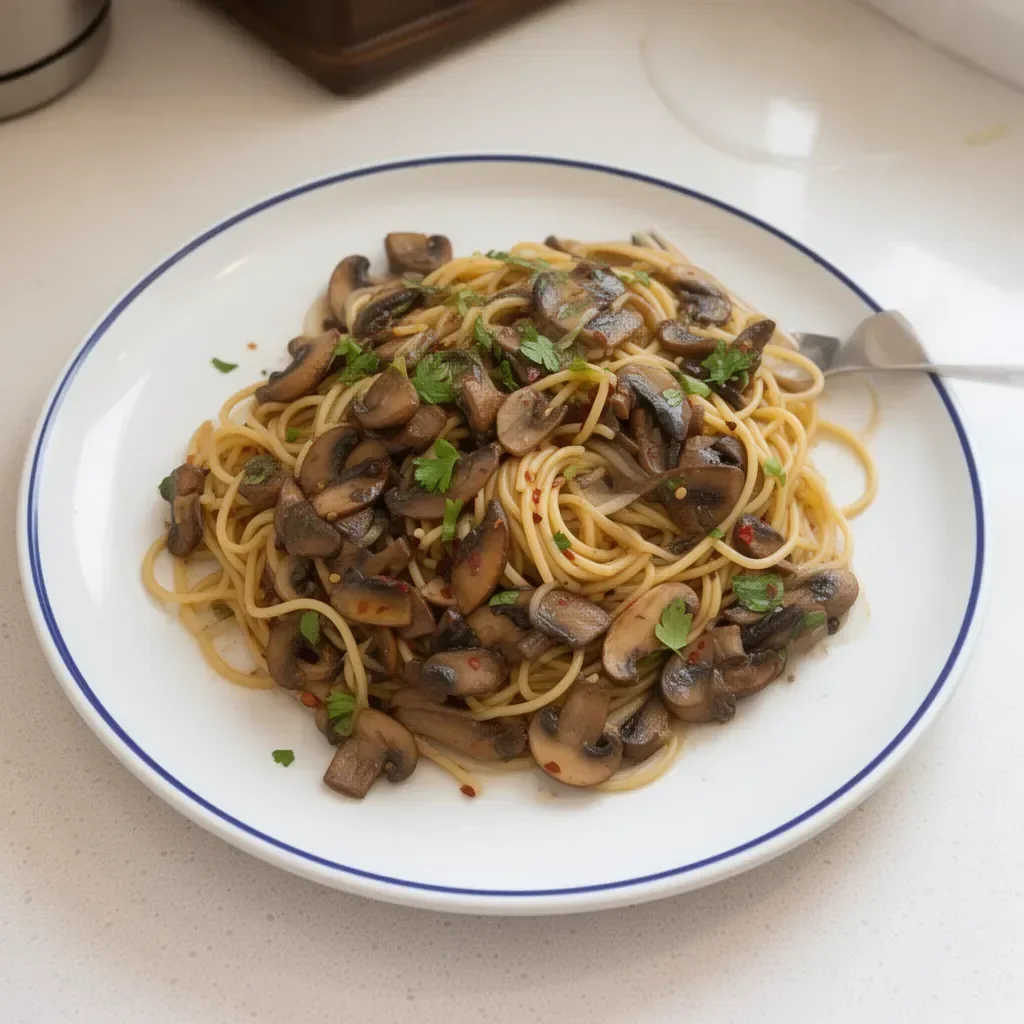 Delicious Mushroom Spaghetti served with fresh parsley on a plate