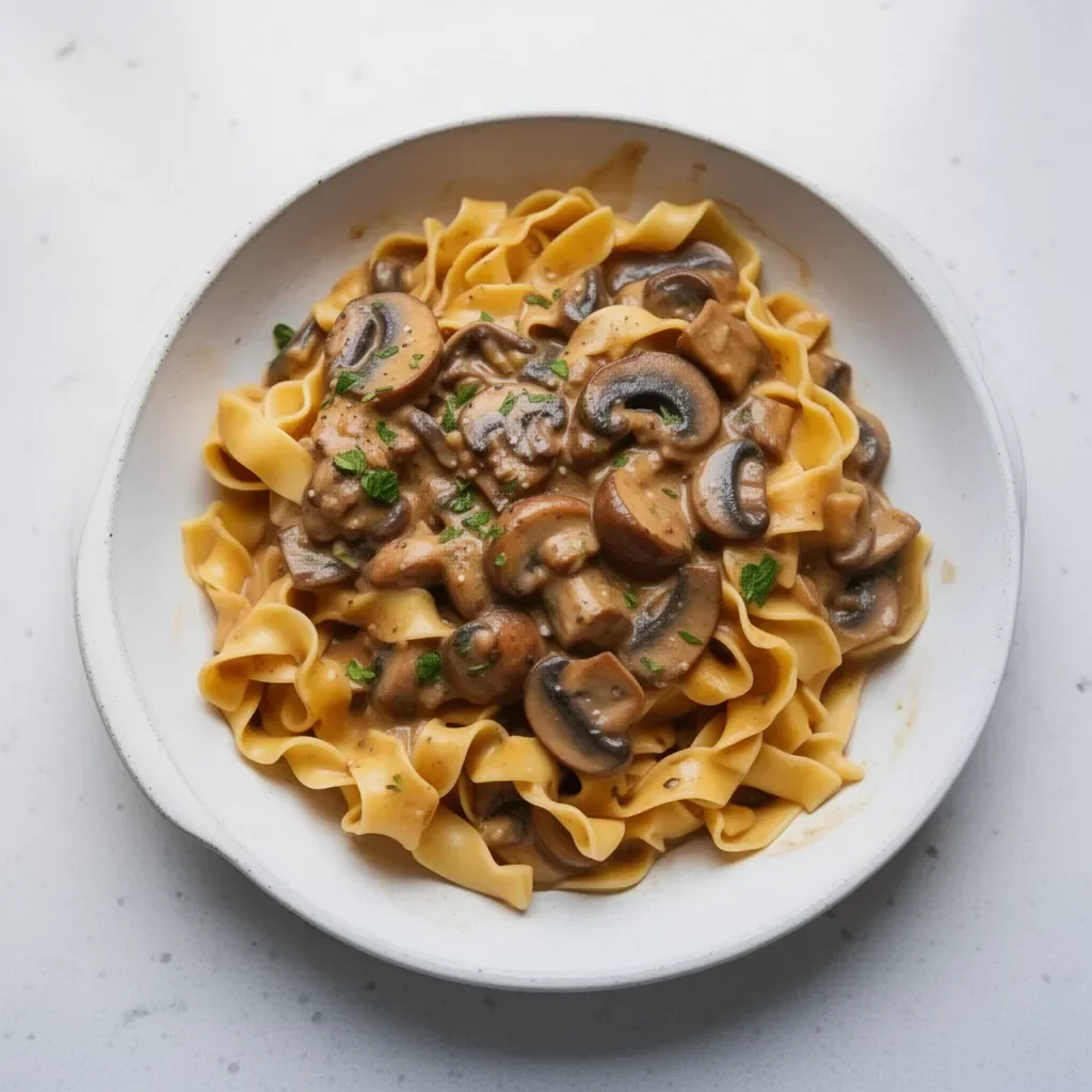 Delicious bowl of Mushroom Stroganoff topped with fresh herbs
