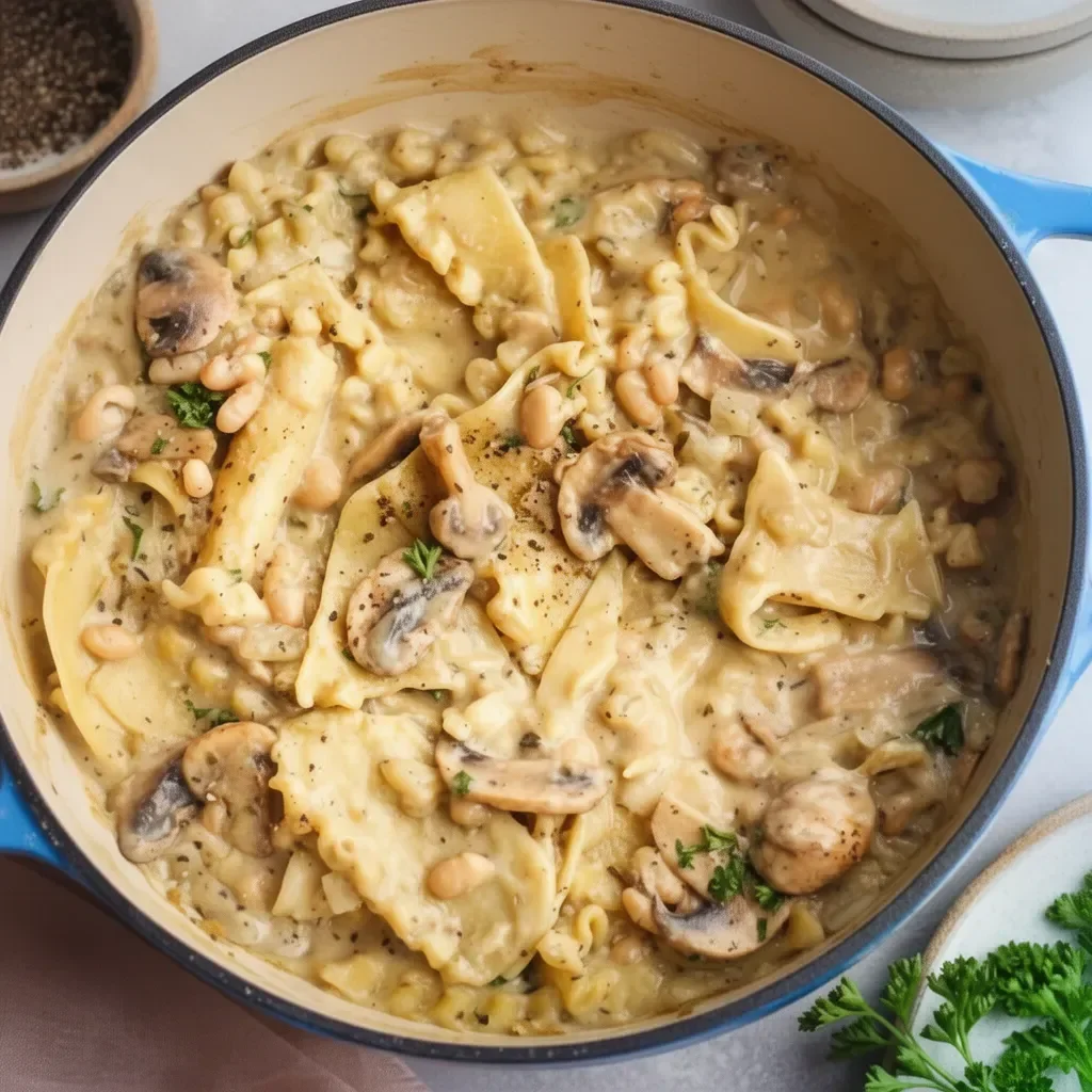 One-Pot Mushroom and White Bean Pasta served in a bowl with herbs and cheese.