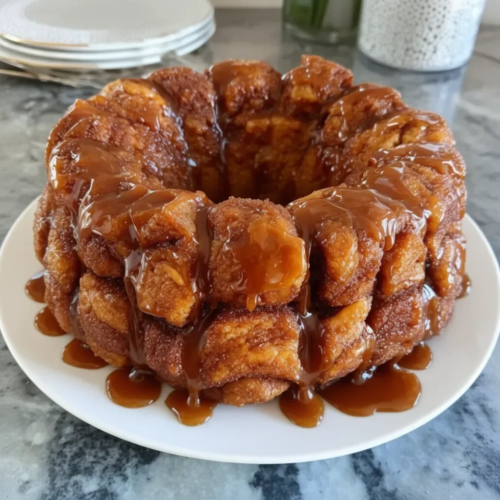 Delicious ooey gooey monkey bread pulled apart on a plate