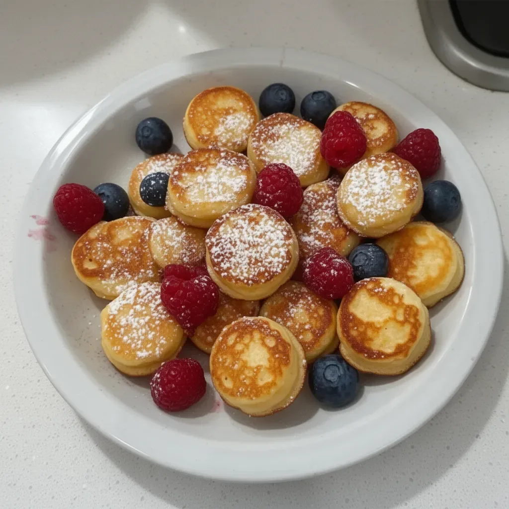 Batch of pancake muffins served on a plate with syrup and berries.