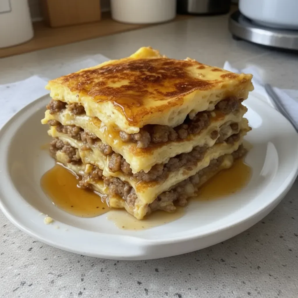 Layered pancake sausage casserole topped with syrup and sausage for breakfast.