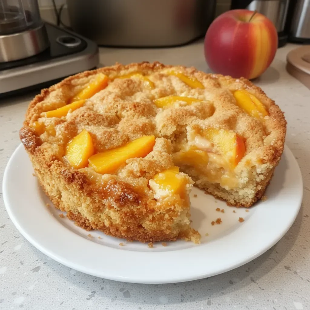 Delicious Peach Coffee Cake topped with fresh peaches and a crumbly topping.