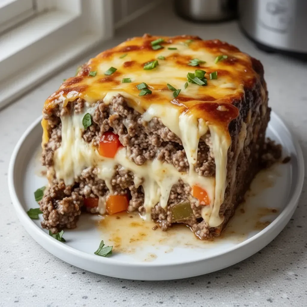 Delicious Philly cheesesteak meatloaf served with cheese and peppers.