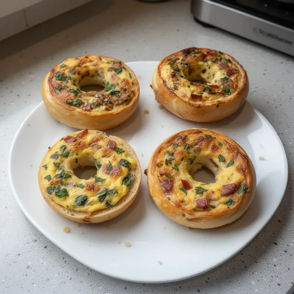 Image of quiche stuffed bagels fresh out of the oven