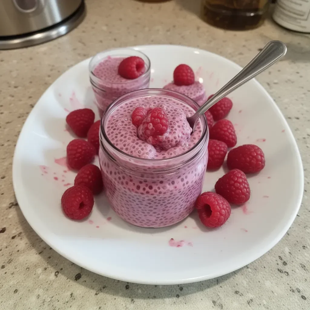 Raspberry chia pudding topped with maple syrup in a bowl