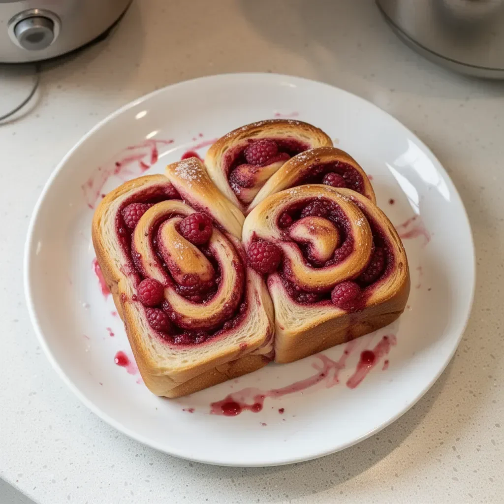 Freshly baked Raspberry Swirl Brioche loaf with vibrant raspberry swirls