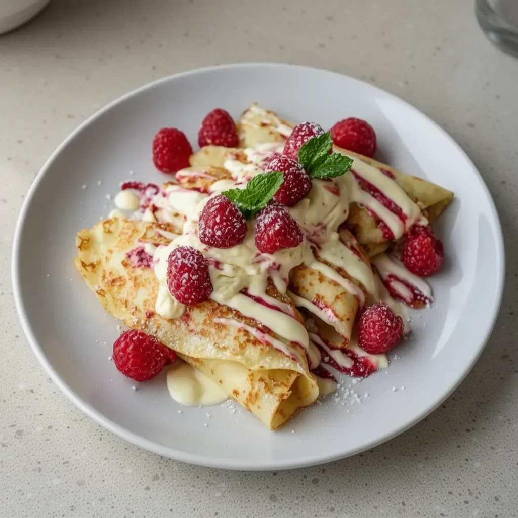 Delicious Raspberry Vanilla Cream Crepes topped with fresh raspberries and whipped cream.