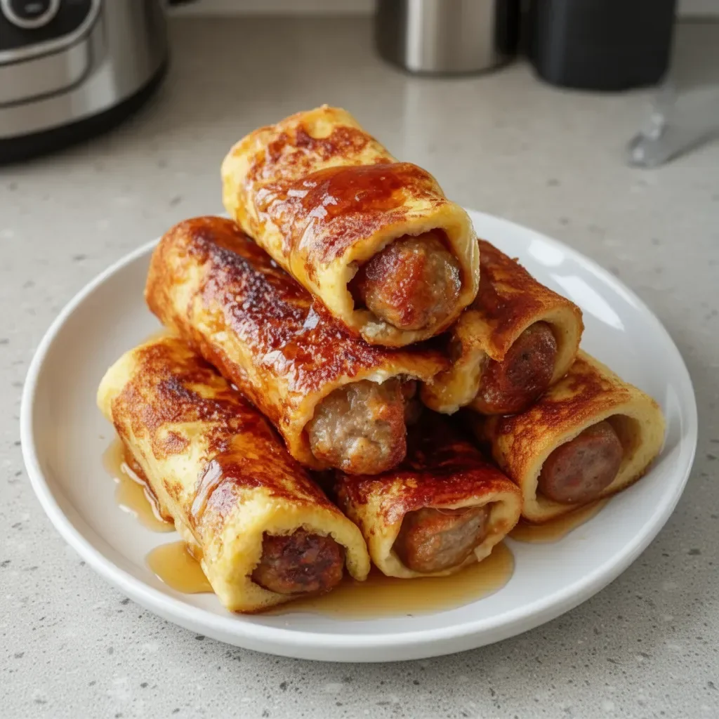 Sausage French Toast Roll-Ups served on a plate with syrup and berries