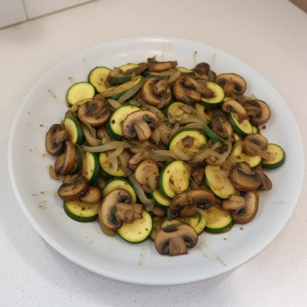 Plate of sautéed zucchini with mushrooms and onions garnished with herbs
