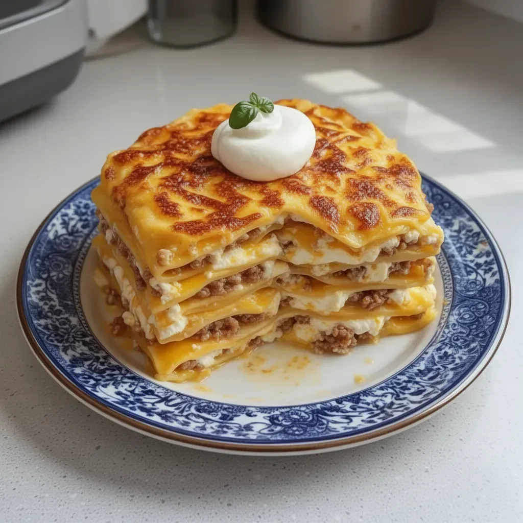 Delicious breakfast lasagna layered with eggs, cheese, and savory ingredients.