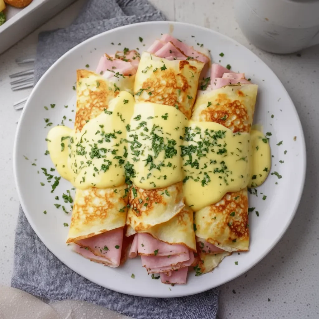 Savory breakfast crepes filled with vegetables and cheese on a plate