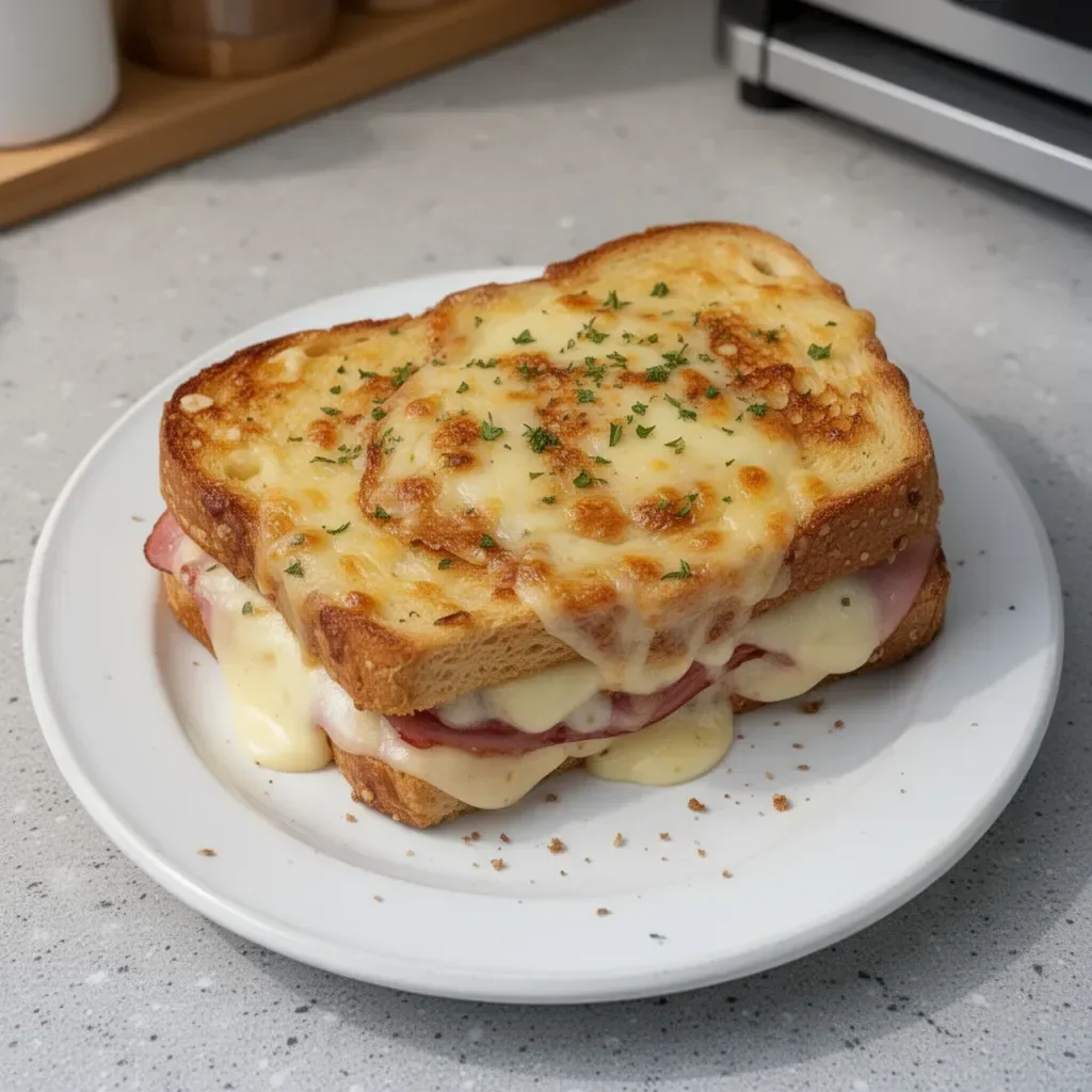 Delicious homemade Croque Monsieur sandwich with ham and cheese
