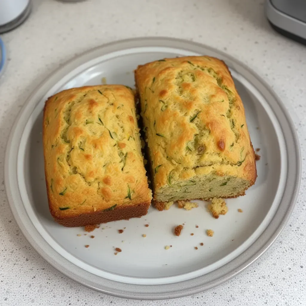 A slice of savory zucchini quick bread on a wooden cutting board.