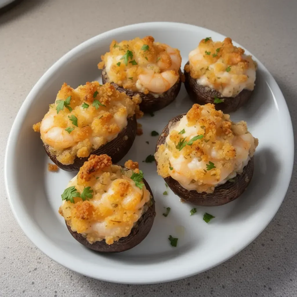 Shrimp stuffed mushrooms on a platter ready to serve as an appetizer