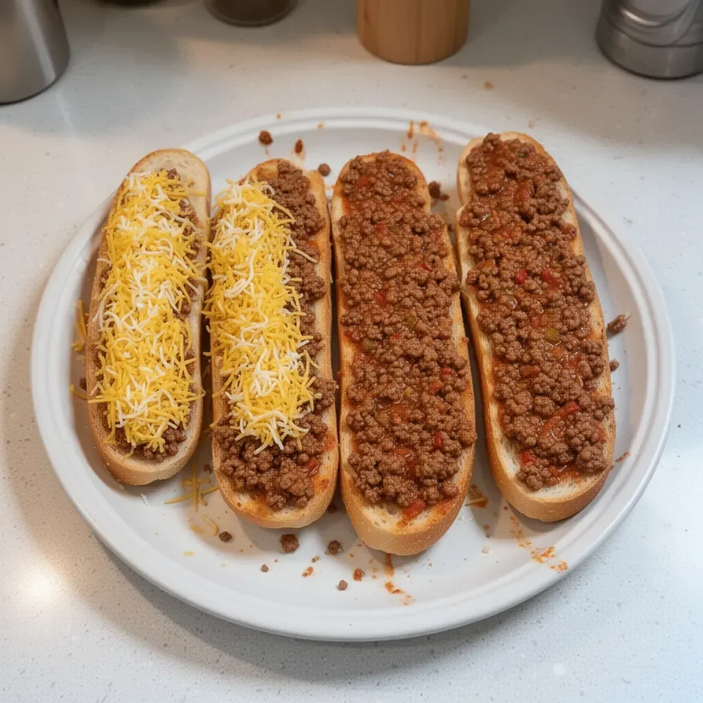Sloppy Joe French Bread Slices topped with beef and sauce