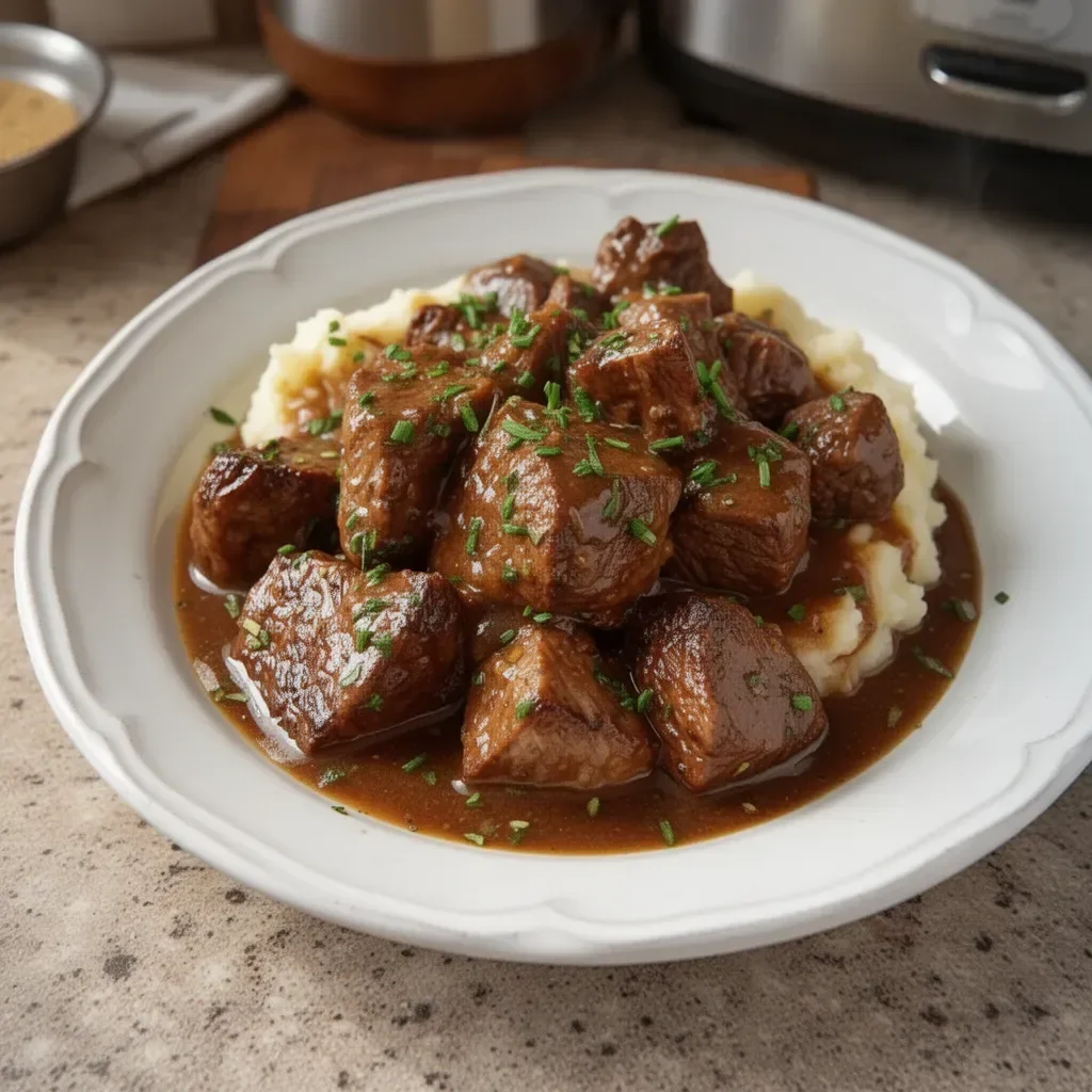 Slow cooker beef tips served with rich gravy over mashed potatoes.