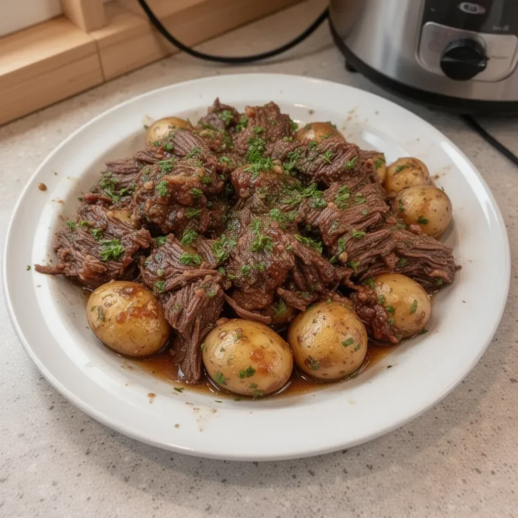 Slow Cooker Garlic Butter Beef served with tender potatoes