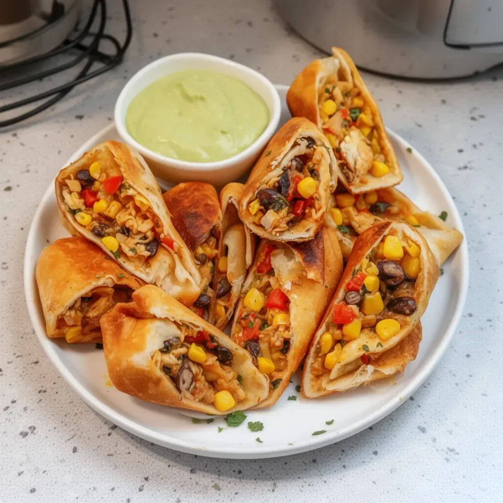 Delicious Southwest Egg Rolls served with dipping sauce on a plate