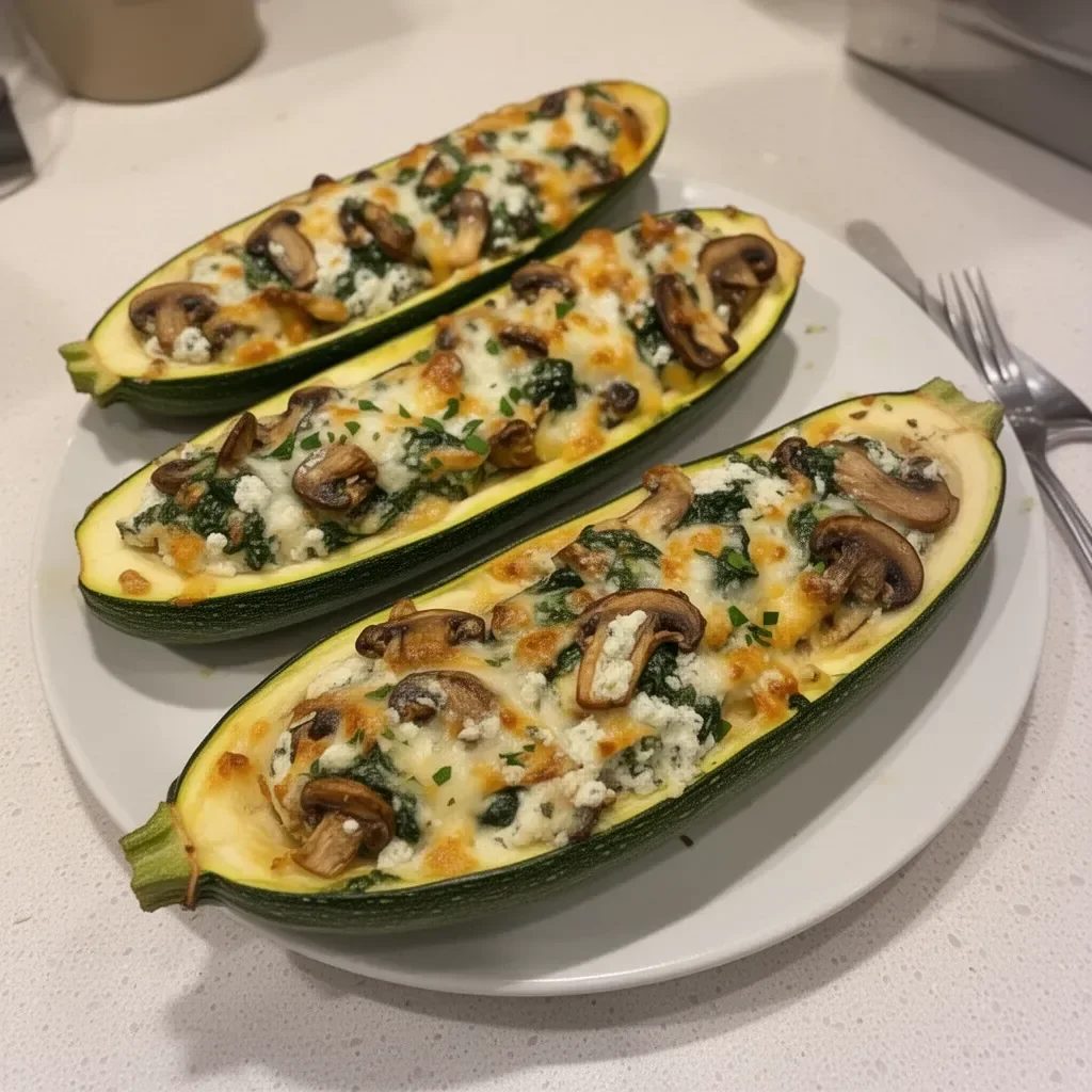 Spinach and mushroom stuffed zucchini boats recipe with ricotta cheese