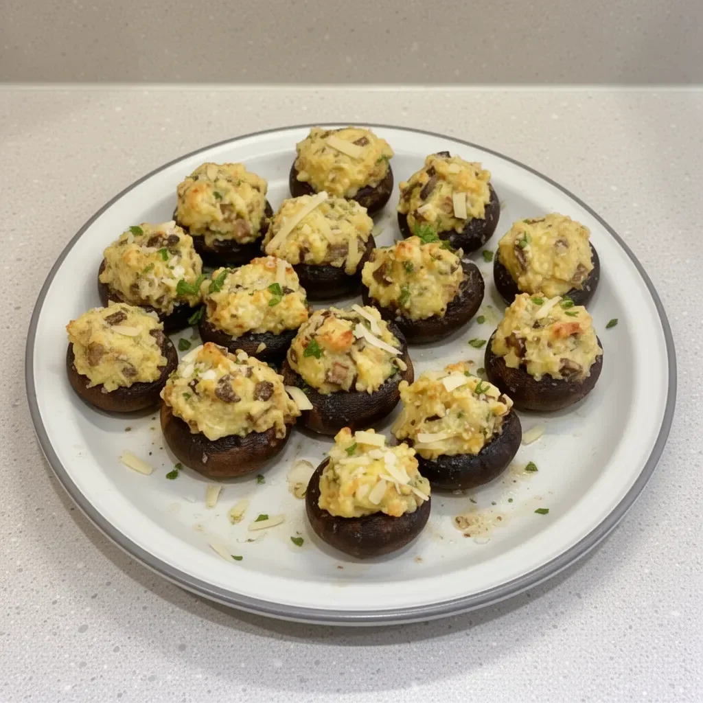 Delicious stuffed mushrooms recipe ready to be served as an appetizer.