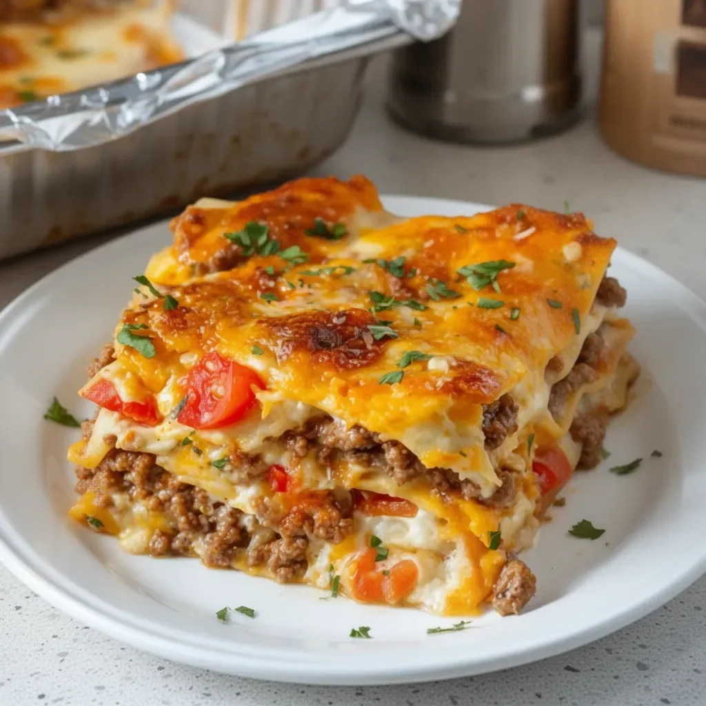 A delicious serving of Taco Lasagna topped with cheese and fresh ingredients.