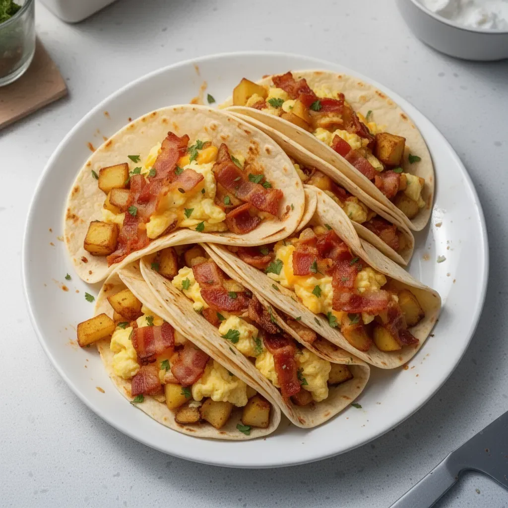 Delicious baked breakfast tacos served on a plate, perfect for a quick morning meal.